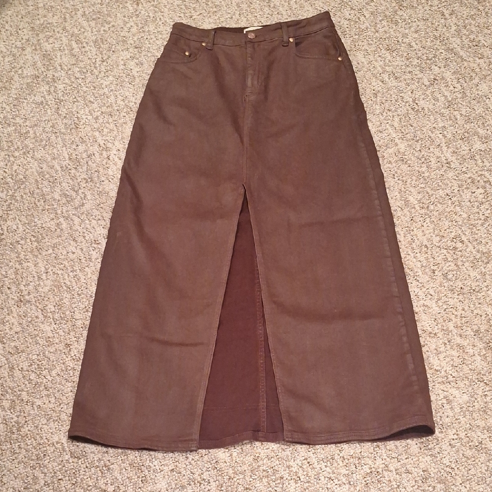 Anthropologie Pilcro Deep Rust Coated Denim Maxi Skirt